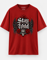 Zingleberry Stay Wild red oversized unisex 100% cotton T-shirt with skull, roses, wings and gothic graphic.