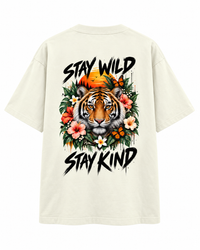 Zingleberry Stay Wild Stay Kind off-white oversized T-shirt with large tiger, tropical flowers and butterfly back graphic.