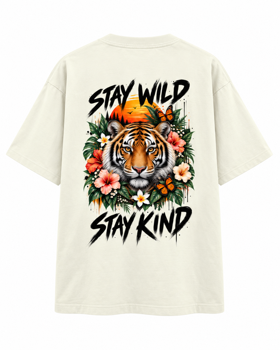 Zingleberry Stay Wild Stay Kind off-white oversized T-shirt with large tiger, tropical flowers and butterfly back graphic.