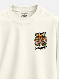 Zingleberry Stay Wild Stay Kind off-white unisex oversized T-shirt with 3 x 3 inch tiger floral left chest graphic.