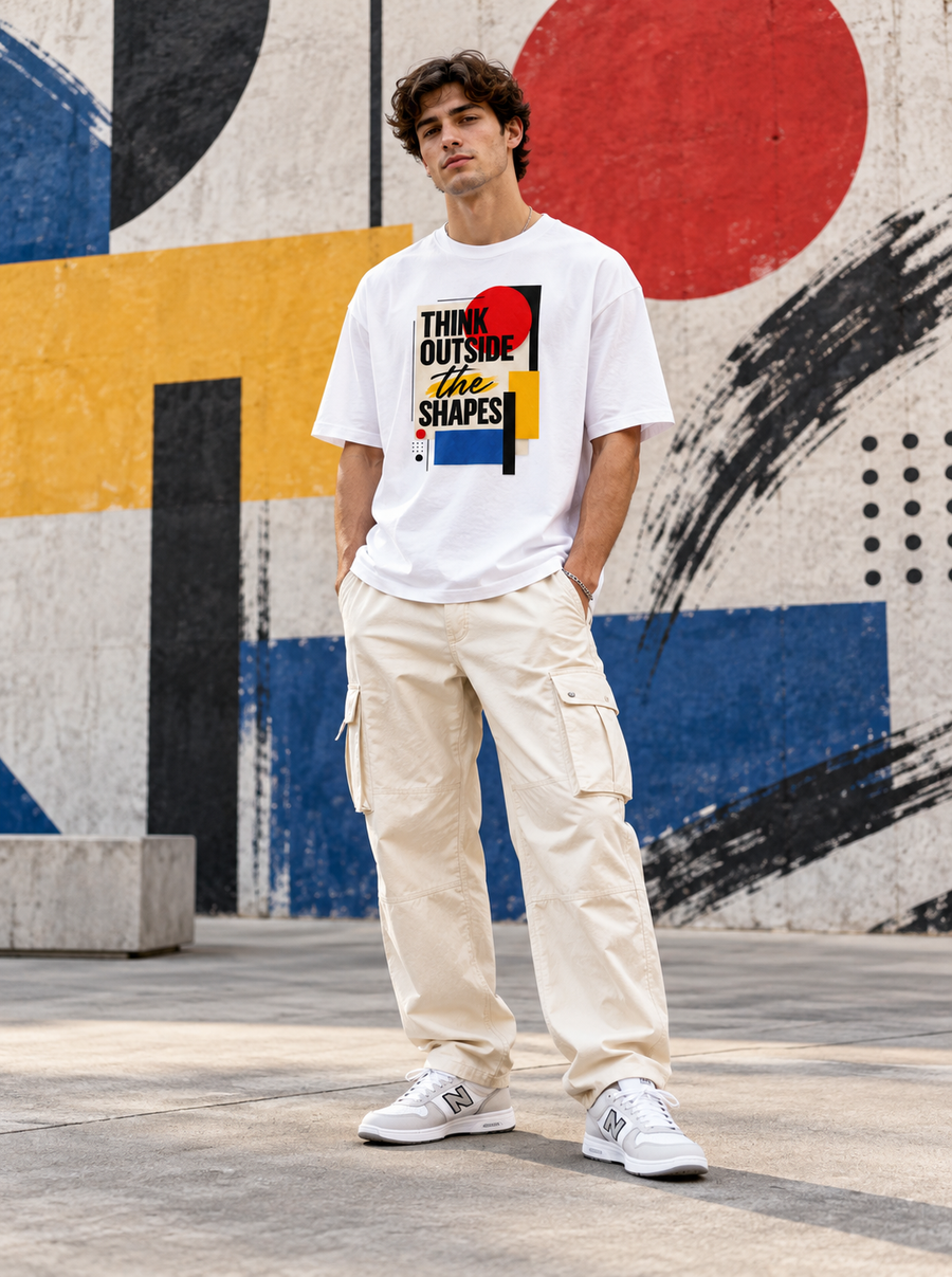 Male model wearing Zingleberry Think Outside the Shapes white oversized graphic T-shirt with beige cargo pants.