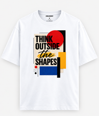 Zingleberry Think Outside the Shapes white oversized cotton T-shirt featuring modern geometric graphic artwork.