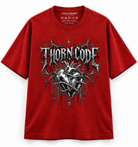 Zingleberry Thornlove crimson red unisex oversized Gothic T-shirt with metallic anatomical heart, thorns and chain artwork.