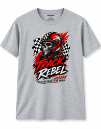 Zingleberry Track Rebel grey oversized cotton T-shirt featuring helmeted skull racer, chequered flags and bold red black racing artwork.