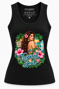 Zingleberry Tropical Soul black tank top for women in 100% cotton with colourful tropical beach graphic print and scoop neck.