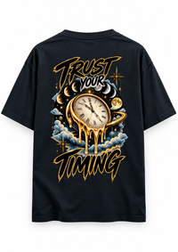 Zingleberry Trust Your Timing premium navy blue oversized T-shirt with large gold clock, moon phases and cloud back graphic.