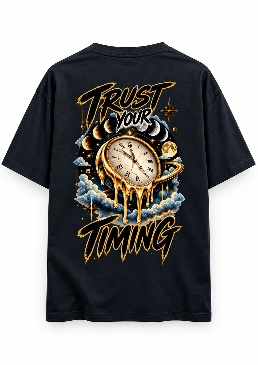 Zingleberry Trust Your Timing premium navy blue oversized T-shirt with large gold clock, moon phases and cloud back graphic.