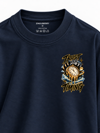 Zingleberry Trust Your Timing navy blue unisex oversized T-shirt with small celestial clock left-chest print.