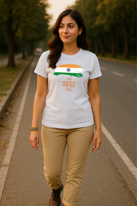 Woman wearing Zingleberry unisex white crew neck T-shirt with 