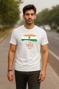 Man wearing Zingleberry unisex white crew neck T-shirt with 