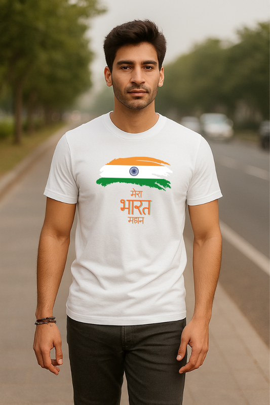 Man wearing Zingleberry unisex white crew neck T-shirt with "Mera Bharat Mahan" design and Indian flag print, made from premium cotton.