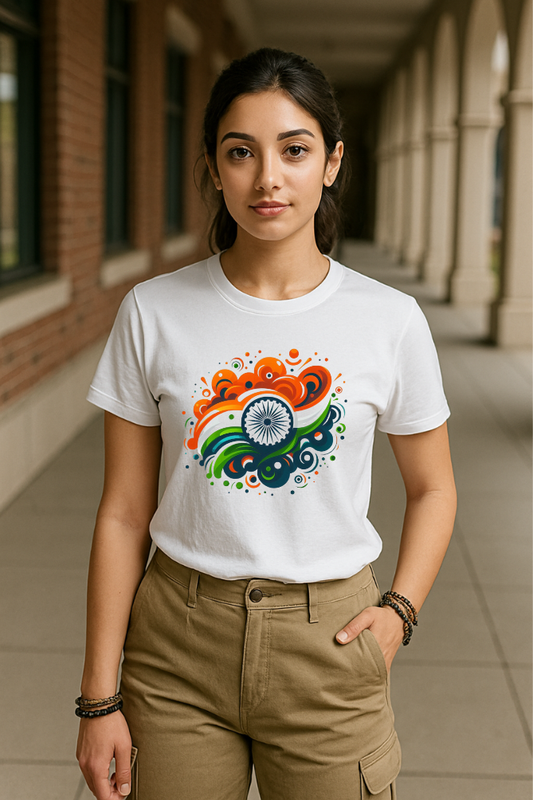 Female Model wearing Zingleberry unisex classic crew neck white T-shirt with vibrant patriotic India flag design in premium cotton.