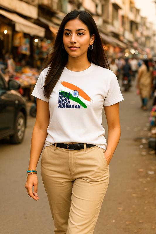 Woman wearing a Zingleberry unisex classic crew neck premium cotton t-shirt with "Mera Desh Mera Abhimaan" patriotic design in Indian tricolor.