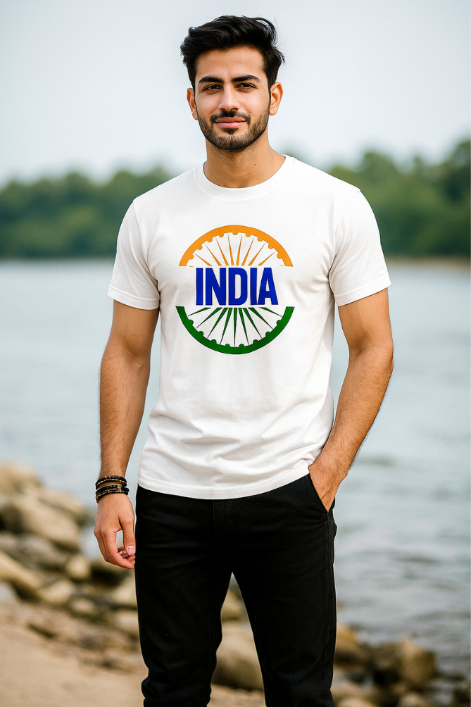Man wearing Zingleberry unisex classic crew patriotic T-shirt with India flag graphic, 100% cotton round neck design.