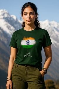 Indian female wearing Zingleberry unisex patriotic T-shirt with Indian flag print and “I Am Indian” quote – premium cotton crew neck for Independence Day