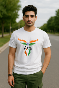 Male model wearing Zingleberry unisex classic crew neck premium cotton T-shirt with patriotic Indian flag-inspired design and fighter jet graphics.