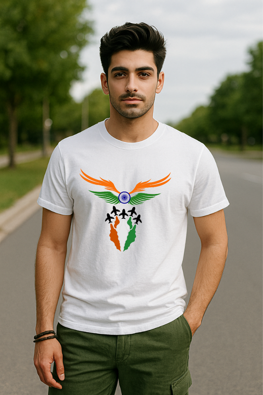 Male model wearing Zingleberry unisex classic crew neck premium cotton T-shirt with patriotic Indian flag-inspired design and fighter jet graphics.
