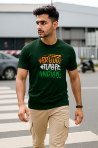 Indian male model wearing Zingleberry’s unisex patriotic T-shirt with “Proud To Be Indian” slogan, styled with beige cargo pants and bracelets