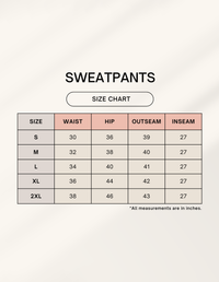 Zingleberry premium unisex sweatpants size chart showing waist, hip, inseam, and outseam measurements.