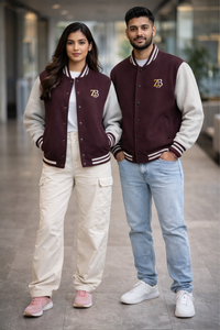 Zingleberry unisex varsity jacket maroon and off-white worn by male and female models, premium cotton streetwear jacket