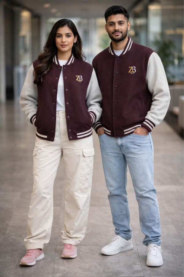 Zingleberry unisex varsity jacket maroon and off-white worn by male and female models, premium cotton streetwear jacket
