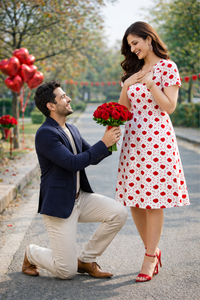 Woman in Zingleberry Valentine heart print A-line midi dress during romantic proposal scene, perfect Valentine date outfit for women