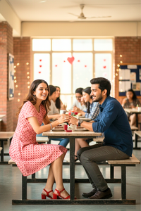 Couple celebrating Valentine’s Day, woman wearing Zingleberry pink heart print A-line dress during a romantic café date