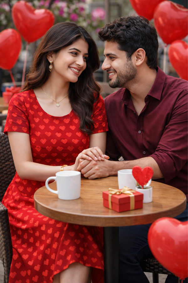 Woman in Zingleberry red heart print A-line Valentine dress enjoying romantic café date with partner, perfect Valentine outfit for women