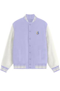Front view of the Zingleberry premium unisex varsity jacket in lilac with off-white sleeves, featuring striped ribbed collar and ZB embroidery.