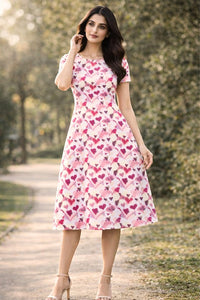 Zingleberry Vastra pink, fuchsia, and white heart print fit and flare midi dress with short sleeves and round neckline.