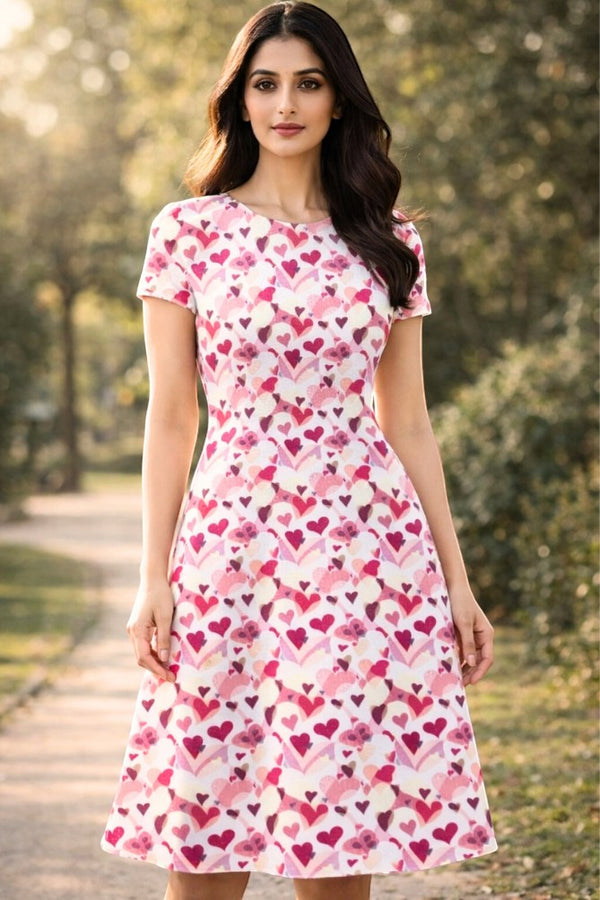 Zingleberry Vastra pink, fuchsia, and white heart print midi dress with short sleeves and round neck.