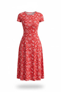 Zingleberry Vastra red midi dress with white heart print, short sleeves, and A-line silhouette made of poly-spandex.
