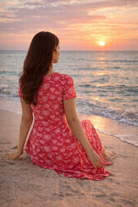 Zingleberry Premium Red AOP A-Line Midi Dress for Women | White Heart Print, Short Sleeve