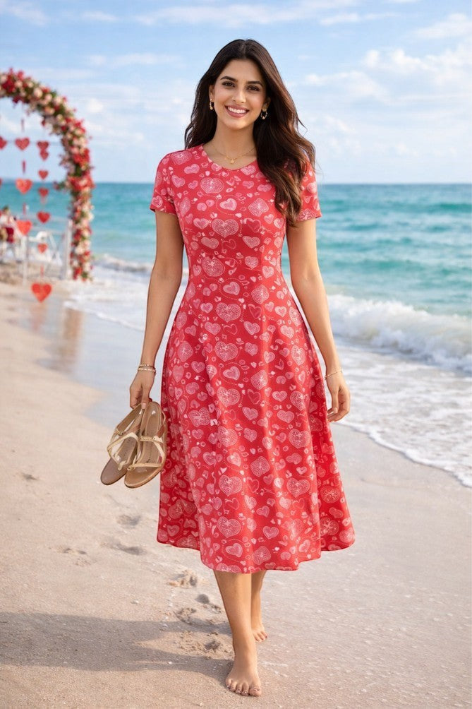 Zingleberry Vastra red A-line midi dress with white heart print, short sleeves, and round neck, worn by a woman on a beach.