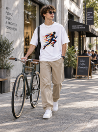 Man wearing Zingleberry Velocity Runner Abstract Art white oversized T-shirt with beige relaxed trousers and white sneakers.