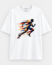 Zingleberry white unisex oversized cotton T-shirt featuring a colourful sprinting runner with dynamic red, blue, yellow and black abstract brush strokes.