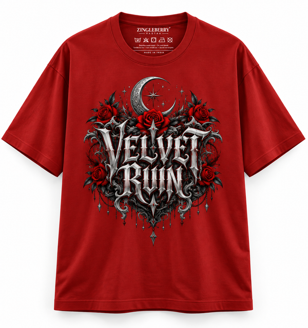 Zingleberry Velvet Ruin crimson red unisex oversized Gothic T-shirt with metallic typography, roses and crescent moon graphic.