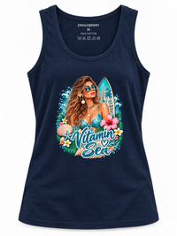 Zingleberry Vitamin Sea navy blue women’s cotton tank top with tropical beach graphic product mockup