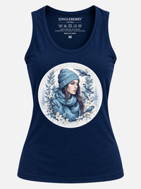 Zingleberry women’s navy blue tank top featuring a winter girl with birds and floral circular graphic print.