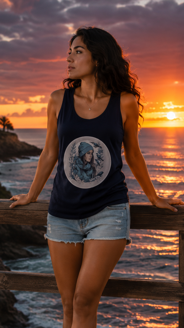 Zingleberry Moonlit Muse navy women’s cotton tank top with mystical moon graphic front view