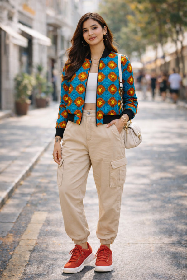 Zingleberry premium women’s AOP bomber jacket with Ankara geometric print, styled for casual streetwear with beige cargo pants