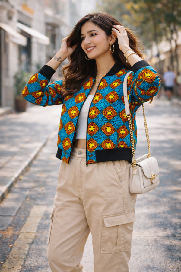 Close-up of Zingleberry women’s bomber jacket with colorful Ankara geometric all-over print and ribbed collar and cuffs