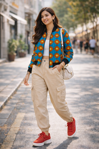 Zingleberry women’s Ankara print bomber jacket featuring vibrant geometric all-over design, perfect for winter streetwear fashion