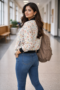 Back view of Zingleberry women’s floral AOP bomber jacket, premium printed bomber jacket for women with ribbed hem and cuffs
