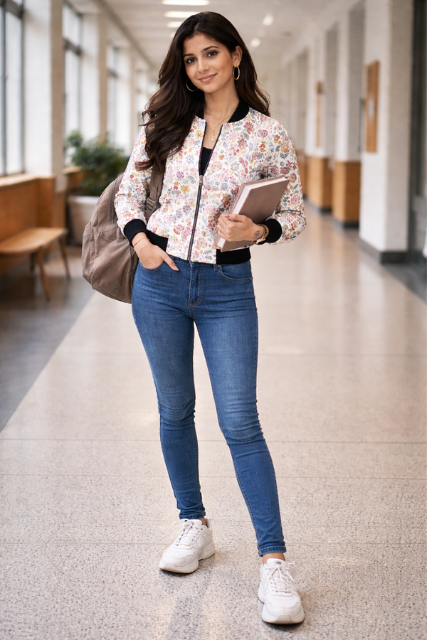 Zingleberry premium women’s AOP bomber jacket with floral all-over print, front view lifestyle look, white base jacket styled with jeans for casual wear