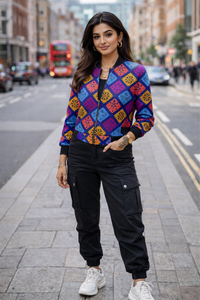 Zingleberry premium women’s all over print bomber jacket with colorful geometric pattern, regular fit, street style front view