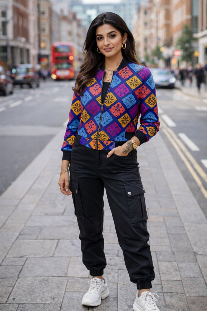 Zingleberry premium women’s all over print bomber jacket with colorful geometric pattern, regular fit, street style front view