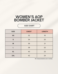 Zingleberry women’s AOP bomber jacket size chart showing chest and length measurements from XS to 2XL
