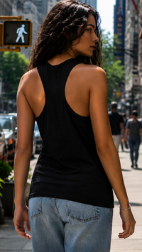 Back view of female model wearing Zingleberry black women’s tank top with a plain back and wide-leg denim jeans.