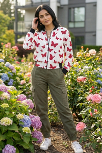 Zingleberry women’s AOP bomber jacket in white with red butterfly print, premium fleece winter wear, casual styling